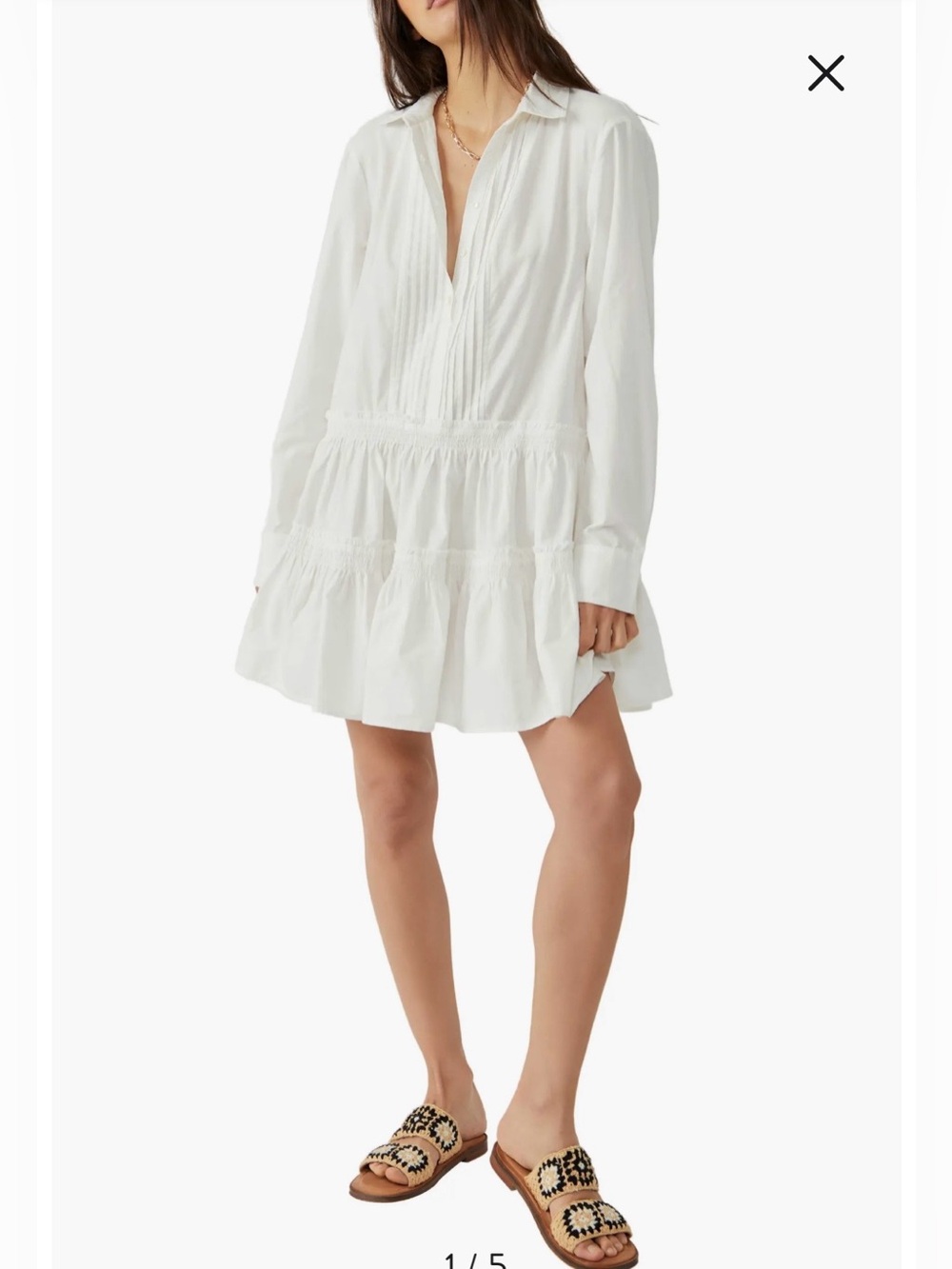 Free People Billie White Tiered Cotton Long-Sleeve Mini Dress Oversized Small